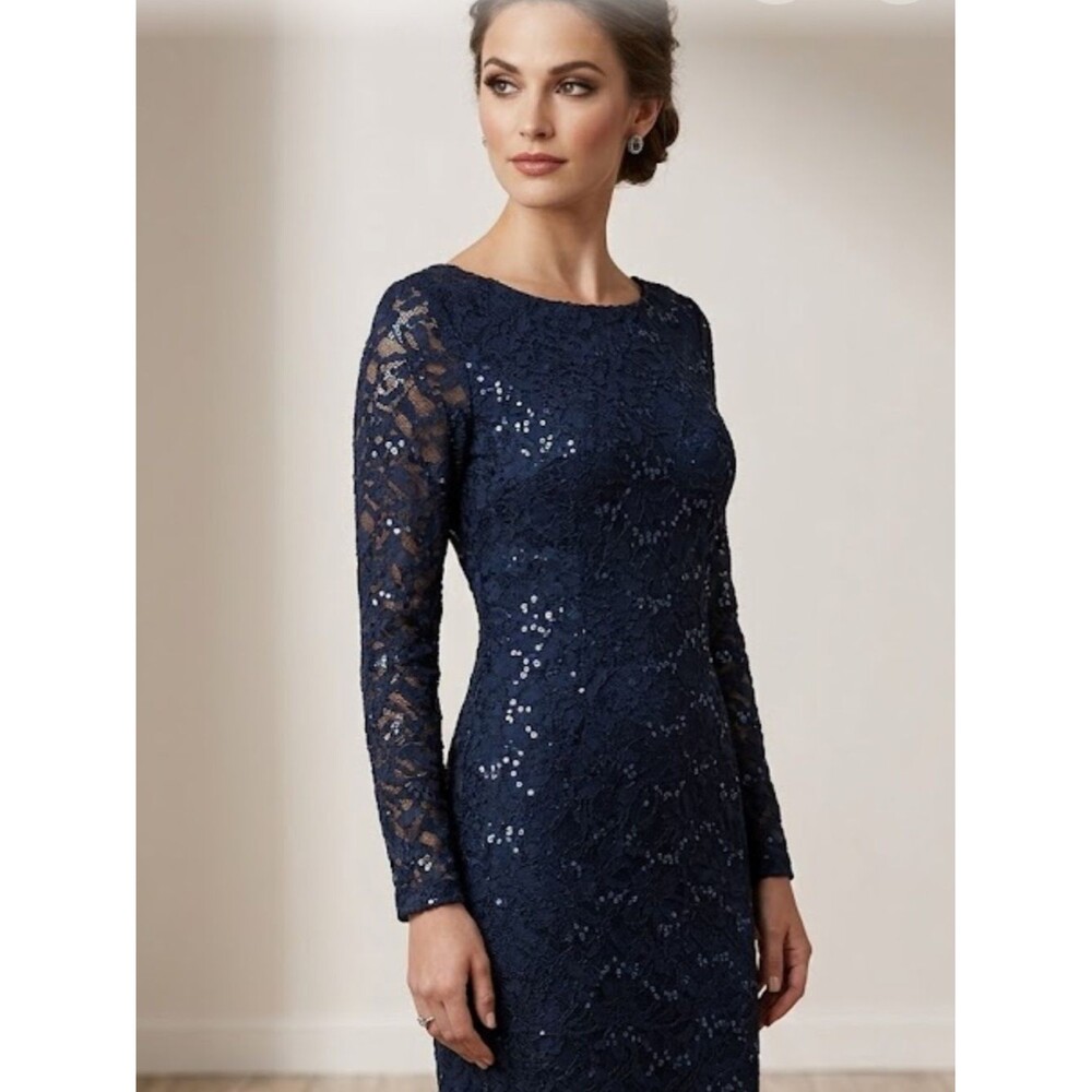 Betsy & Adam Navy Blue Sequin Lace Long Sleeve Dress - Size 10